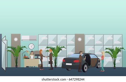 Vector illustration of car dealer male, receptionist female and buyers. Car shop or car dealership flat style design element.