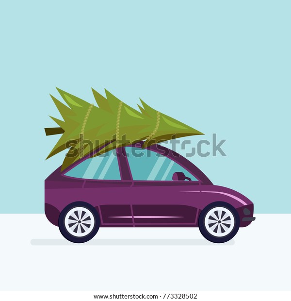 Vector illustration of a car delivering a\
Christmas tree in a snowy winter \
landscape