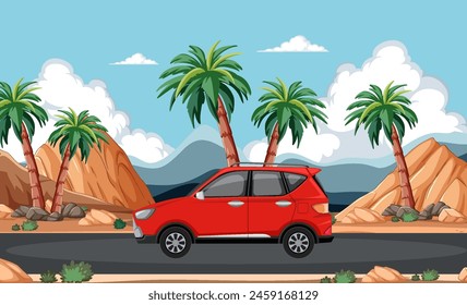 Vector illustration of a car in a desert landscape