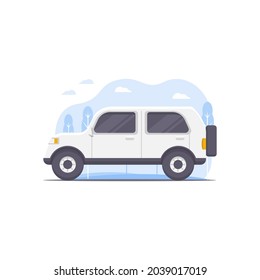 ilustración vectorial de un coche diseñado en blanco y decorado con elementos de ilustración del paisaje urbano como fondo en el tema de la ilustración del transporte de coches