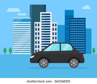 Vector illustration. Car and downtown.