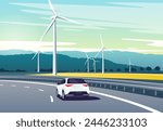 Vector illustration of a car driving on the highway in the mouuntains along windmills farm.