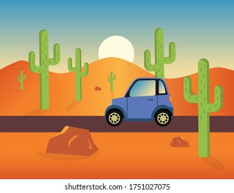 Vector illustration of car driving on the road through the desert with cactus's ad rock