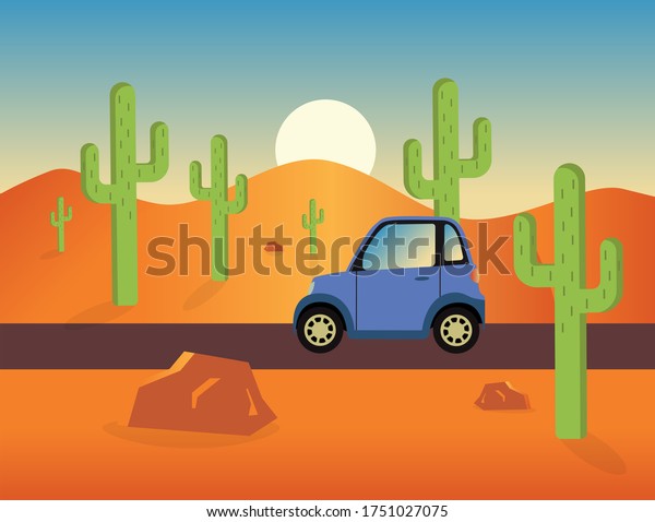 サボテンのアドロックを使って砂漠を走る車のベクターイラスト のベクター画像素材 ロイヤリティフリー