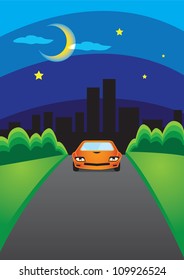 Vector illustration of a car driving out of the city.