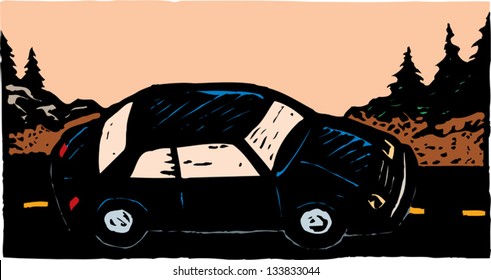 Vector illustration of car driving through scenic landscape