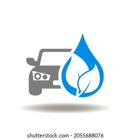 Vector illustration of car with drop and leaf. Symbol of ecology bio fuel production. Icon of green eco friendly modern hybrid automobile.