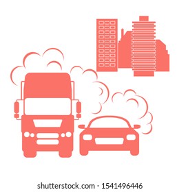 Vector illustration with car, emits smog exhaust, city. Environmental pollution concept. Emissions carbon dioxide. Smoke pollutant, damage, contamination, combustion products Ecology Air pollution