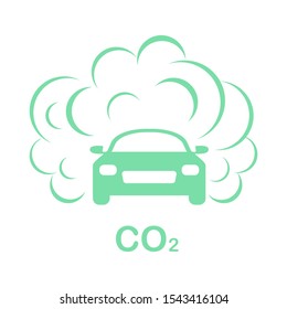 Vector illustration with car, emits smog exhaust. Environmental pollution concept. CO2 emissions cloud carbon dioxide. Smoke pollutant, damage, contamination, combustion products Ecology Air pollution