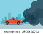 Vector illustration of car exhaust pollution. City landscape with transportation emission in cartoon flat style. Blue city landscape car transportation enviromental damage. 