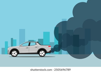 Vector illustration of car exhaust pollution. City landscape with transportation emission in cartoon flat style. Blue city landscape car transportation enviromental damage. 