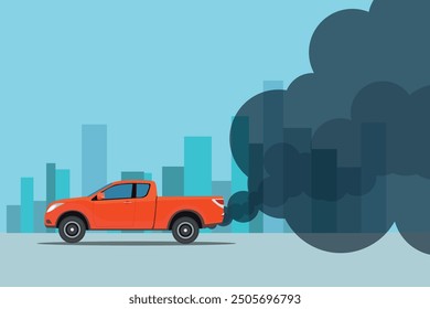 Ilustración vectorial de la contaminación del escape de los automóviles. Paisaje de la ciudad con emisión de transporte en estilo plano de dibujos animados. Daño ambiental del transporte del coche del paisaje de la ciudad azul. 