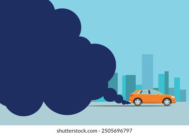 Ilustración vectorial de la contaminación del escape de los automóviles. Paisaje de la ciudad con emisión de transporte en estilo plano de dibujos animados. Daño ambiental del transporte del coche del paisaje de la ciudad azul. 