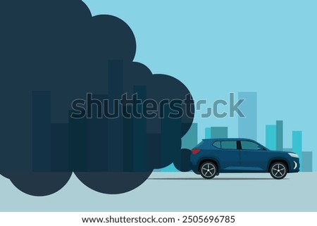 Vector illustration of car exhaust pollution. City landscape with transportation emission in cartoon flat style. Blue city landscape car transportation enviromental damage. 