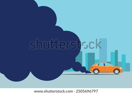 Vector illustration of car exhaust pollution. City landscape with transportation emission in cartoon flat style. Blue city landscape car transportation enviromental damage. 