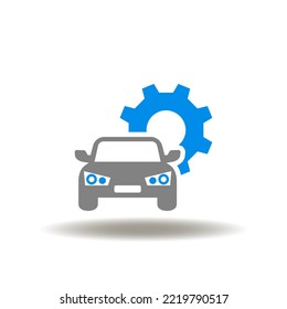 Vector illustration of car and gear wheel. Icon of smart auto repair technology. Symbol of automobile service.