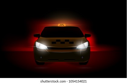 Vector illustration of car headlights in the dark, red glow, taxi, light, glare.