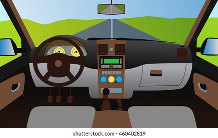 車の中のベクターイラスト 自動車の運転席 車が通りに出てる のベクター画像素材 ロイヤリティフリー