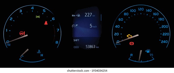 Ilustración vectorial del panel de instrumentos del coche con velocímetro, tacómetro, cuentakilómetros, medidor de combustible, medidor de temperatura del aceite, icono de comprobación del motor, recordatorio del cinturón de seguridad. Tablero de coche en azul. Pantalla de rango de combustible.