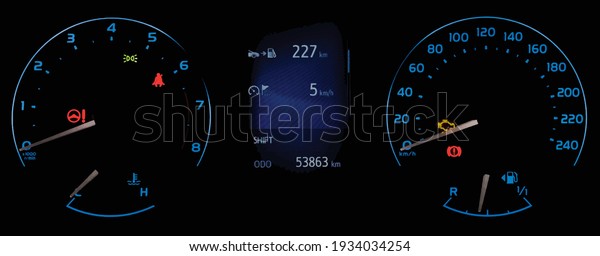 Vector illustration of car instrument panel with
speedometer, tachometer, odometer, fuel gauge, oil temperature
gauge, check engine icon, seat belt reminder. Car dashboard in
blue. Fuel range
display.