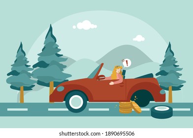 Vector illustration car insurances, vehicle broke down on the road, traveling with in nature. Financial liabilities.