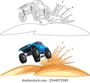 Ilustração vetorial de um carro saltando dunas