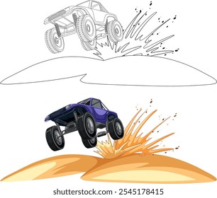 Ilustración vectorial de un coche saltando sobre una colina