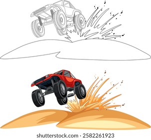Vector illustration of a car jumping over sand