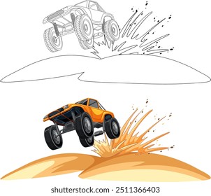 Ilustração vetorial de um carro saltando duna de areia