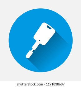 Vector illustration car key with a keychain on blue background. Flat image  car key with long shadow. Layers grouped for easy editing illustration. For your design.