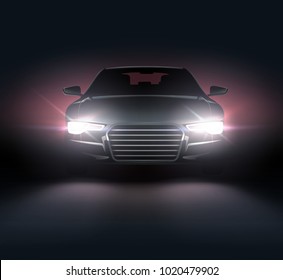 Vector illustration of car lights realistic composition of night scenery and stylish automobile silhouette with white headlights with red lighting behind