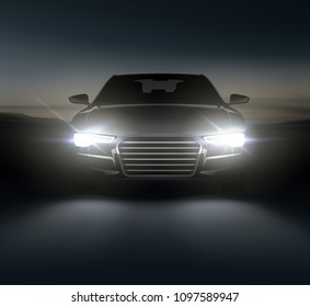 Vector illustration of car lights realistic composition of night suburban scenery and stylish automobile silhouette with white headlights and shadows