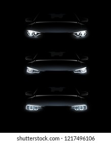 Vector illustration of car lights realistic set stylish automobile silhouette with white headlights isolated on black background