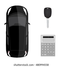 Vector illustration car loan concept. top view, key and calculator. Car rental or sale concept.