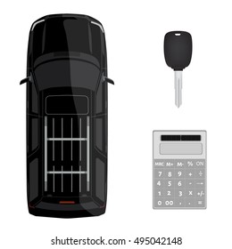 Vector illustration car loan concept. Black car top view, car key and calculator. Car rental or sale concept.