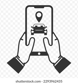 Vector illustration of car location on smartphone icon in dark color and transparent background(png).