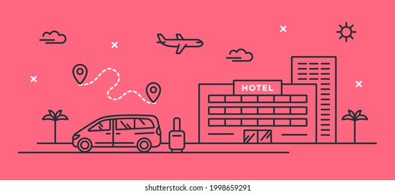 Ilustración vectorial con coche y equipaje cerca del edificio del hotel. Icono lineal minivan. Concepto de servicio de taxi, traslado, transporte y turismo. Banner de Internet. Temas de viajes y vacaciones