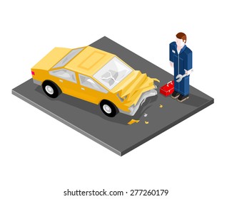 A vector illustration of a car mechanic repairing a car after a car crash.
Car Mechanic repair service illustration icon.
Isometric Mechanic fixing badly damaged vehicle.