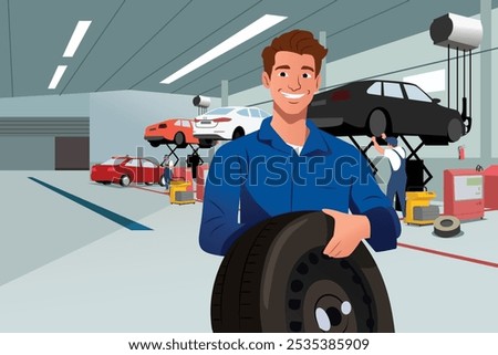 A vector illustration of Car Mechanic Working in a Garage