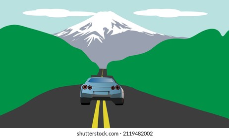 Vector illustration of car moving along the green forest towards the mountain. Countryside travel on motorcar.