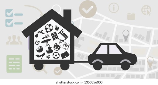 vector illustration of car and moving house for moving home and mobility concept
