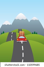 Dibujo vectorial de un camión en una carretera con montañas en segundo plano.