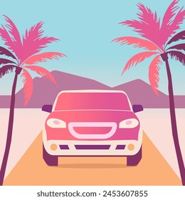 Vector illustration of a car on the road. Concept of summer vacation and tourism by car.
