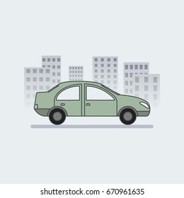 Vector illustration. A car on the road against a background of the cityscape, houses. Icon.