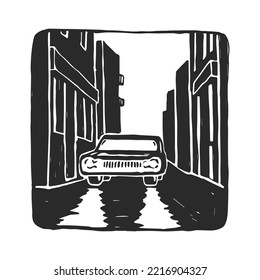 Vector illustration of car on the street on linocut style. Sketch with night city and auto with lights on.