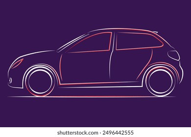 Vector illustration of car outline hand drawn with purple background. Car lineart red and white. Sport car or SUV car creative silhouette. Auto or automobile side view and front view