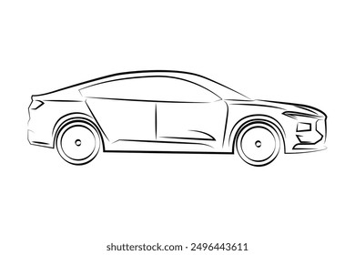 Vector illustration of car outline hand drawn on white background. Car auto lineart black and white. Sport car or SUV car creative silhouette. Auto or automobile side view and front view