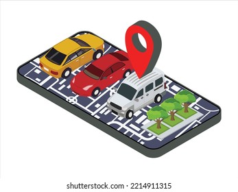 A vector illustration of car park map locator. Isometric Parking lot phone. Wireless device with GPS and locator map app device. Vector.