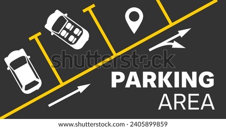 Vector illustration of a car parking area. Asphalt texture of parking lot with parking lines and car symbols. Information label of the area sign for vehicle parking
