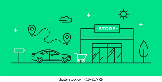 Vector Illustration With A Car In The Parking Lot Near The Store. Linear Icon Of The Route To The Local Supermarket. Parking Pictogram. Internet Banner Concept. Shop Along The Road. 